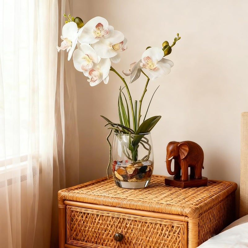 Jusdreen White Orchid Centerpiece in Glass Vase, 14.5 Inch Artificial Phalaenopsis with Potting for Home Office Decor, Table Centerpiece - Image 5